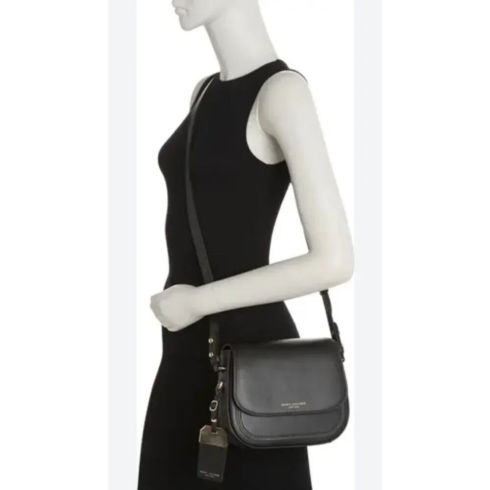 Marc Jacobs Mini Rider Leather Crossbody Bag Black Gold Logo Flap Shoulder